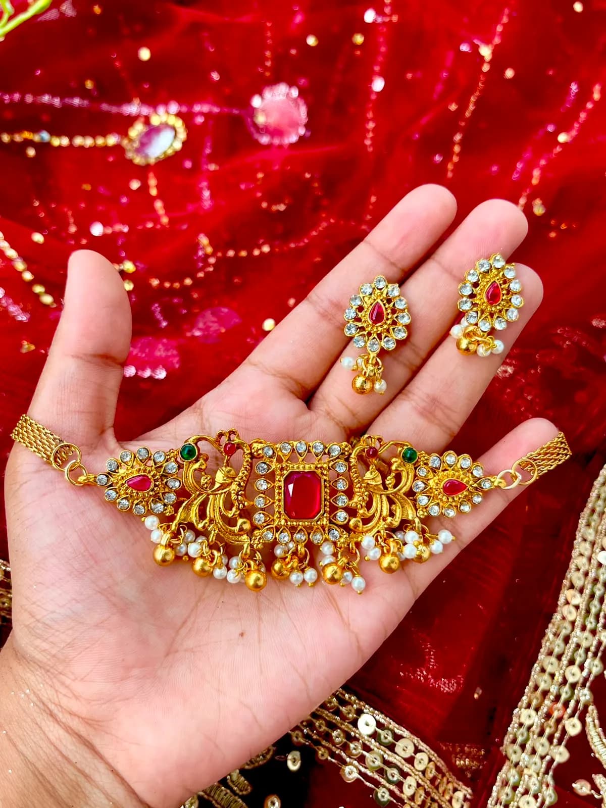 Traditional Peacock Motif Choker Set with Ruby-Red Stones & Pearls