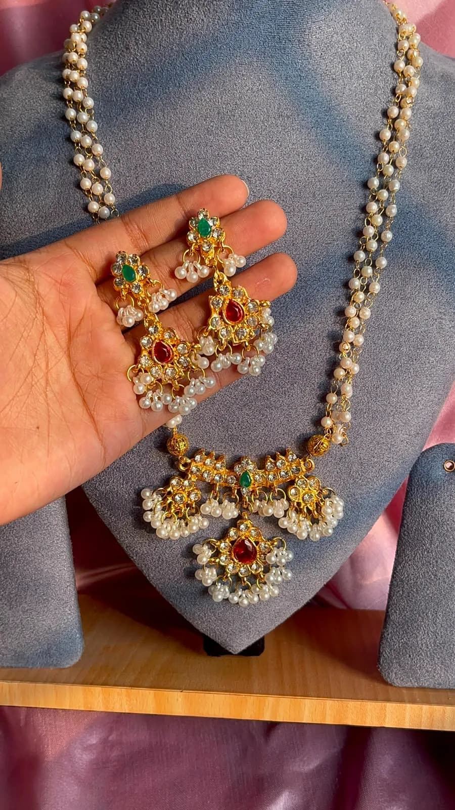 Elegant Layered Pearl Long Necklace Set with Red & Green Stones