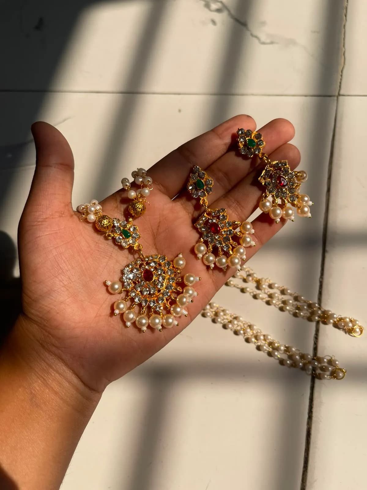 Regal Multi-Strand Pearl Rani Haar Set with Red & Green Stones 2