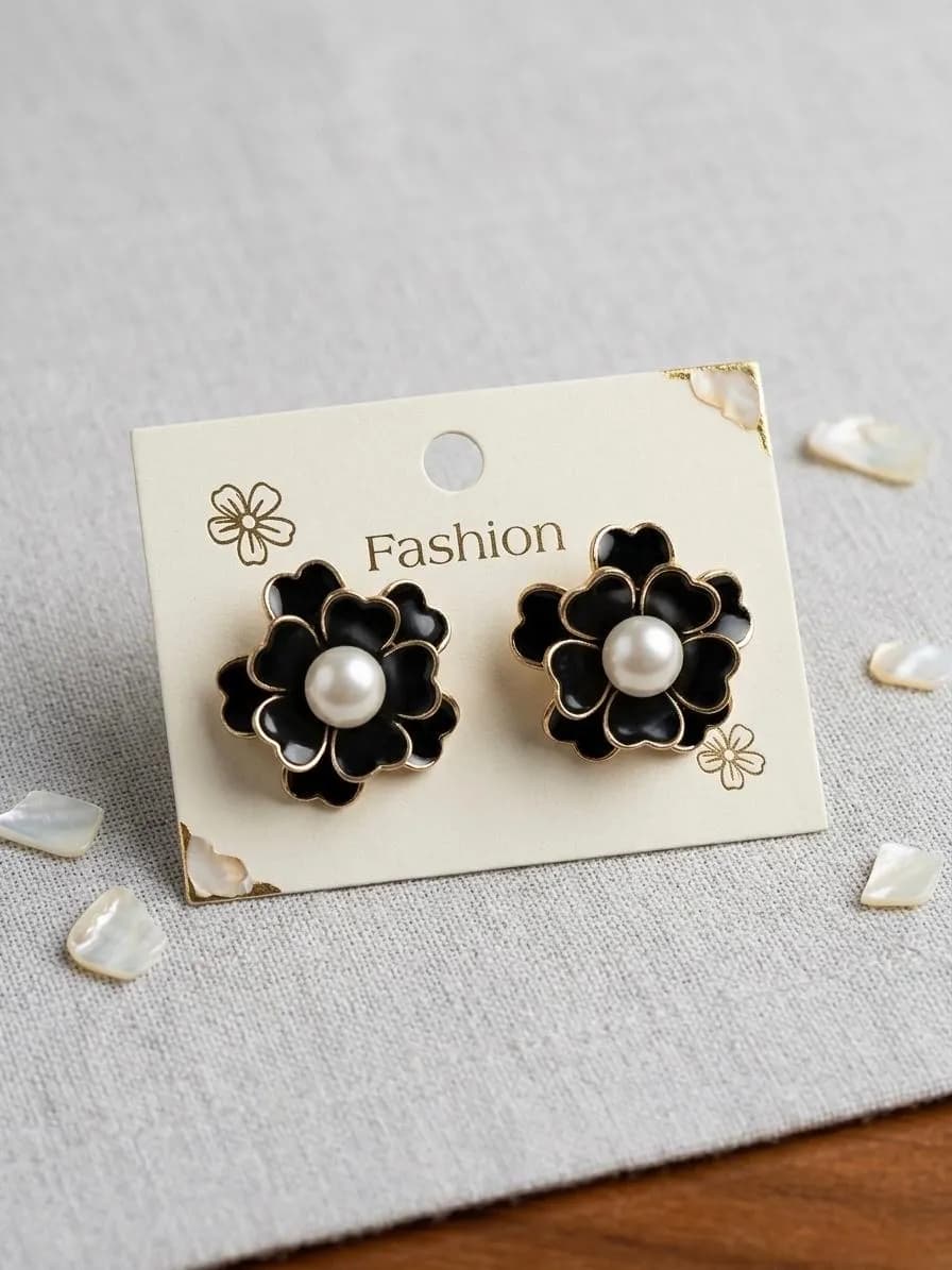 Elegant Black Floral Pearl Stud Earrings