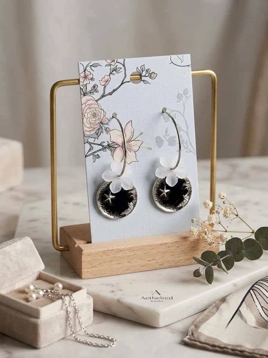 Whimsical Frosted Flower and Celestial Star Drop Hoop Earrings