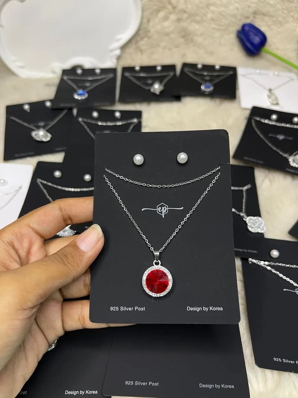 Striking Red Halo Pendant Necklace & Pearl Earring Set - Korean Design