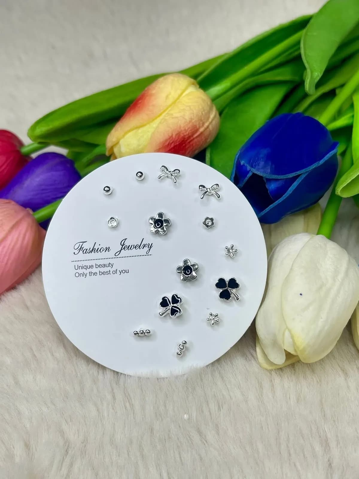 7-Pair Delicate Silver Stud Earring Set - Floral & Bow Designs