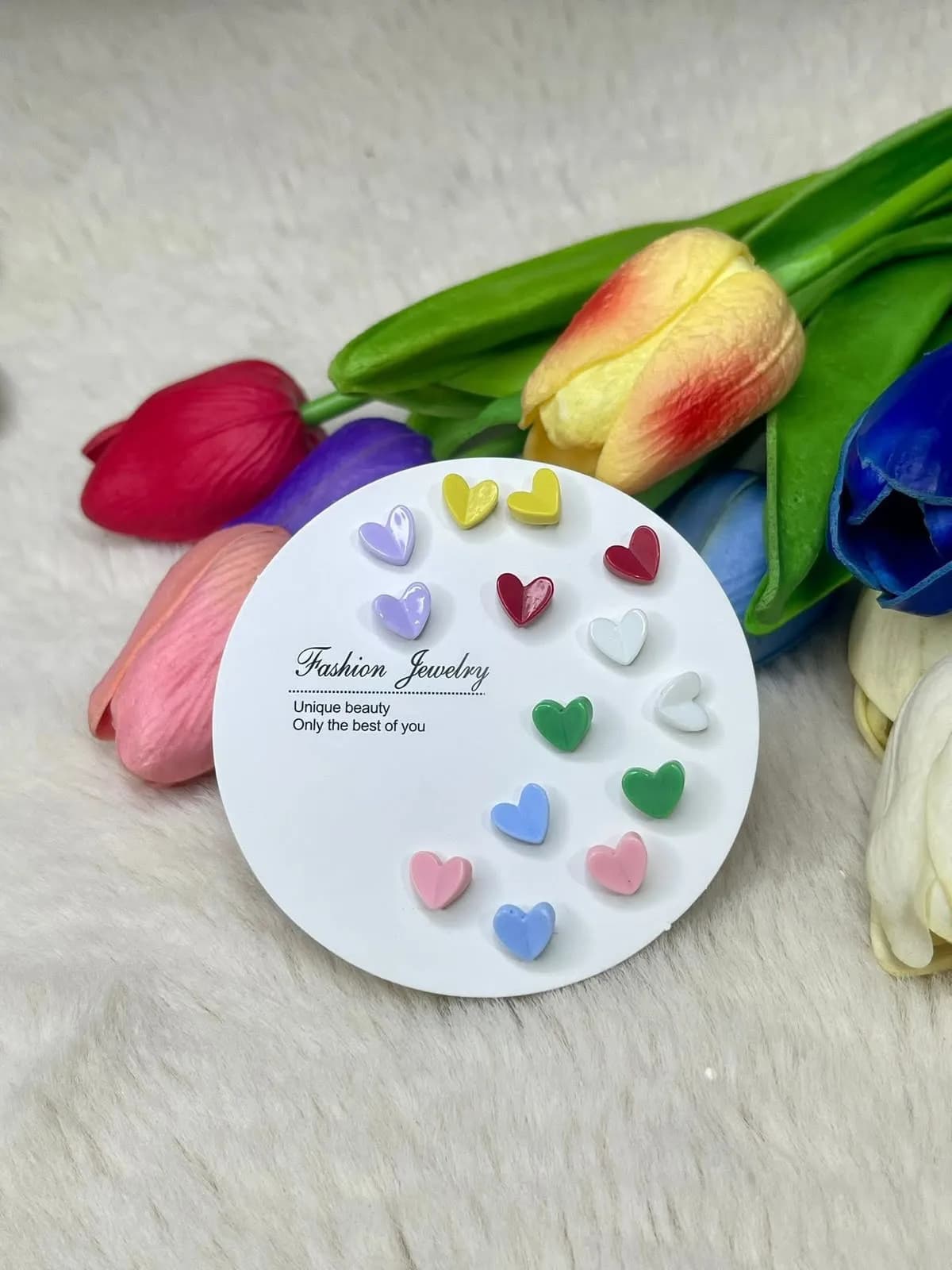 7-Pair Colorful Heart Stud Earring Set - Cute Everyday Wear