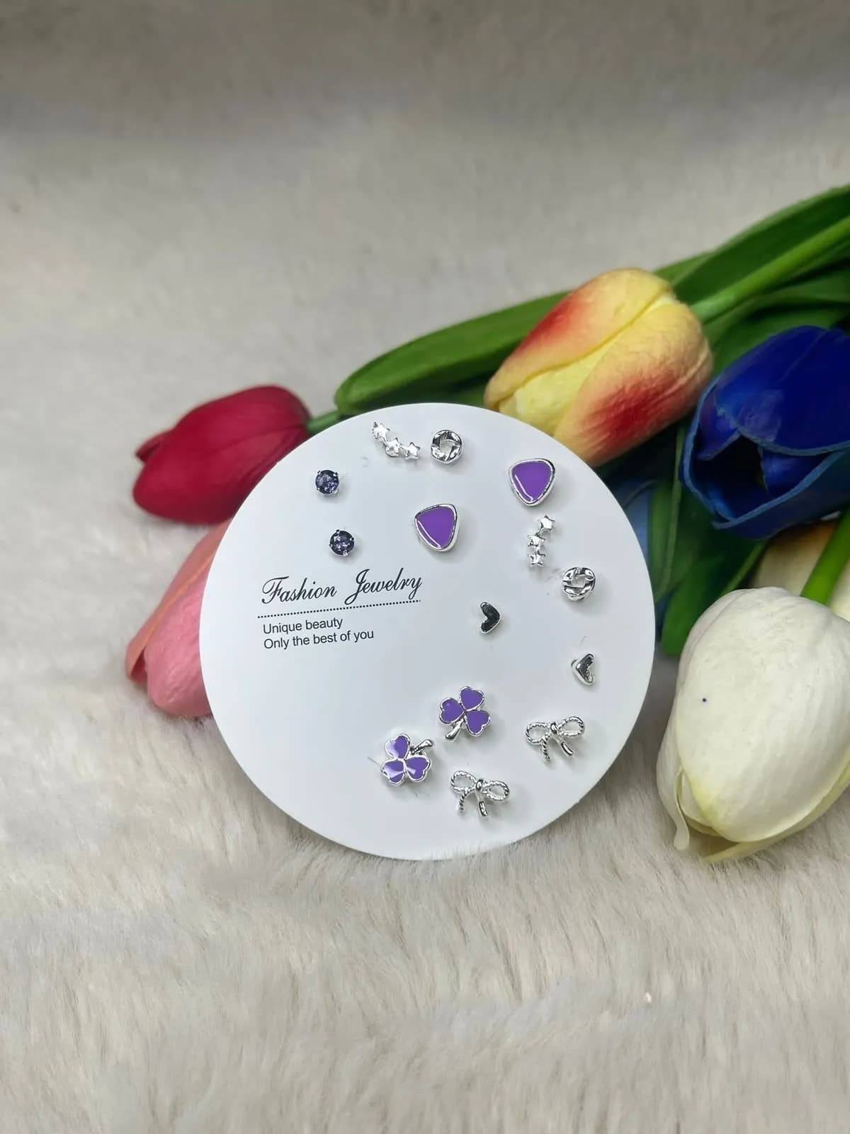 7-Pair Delicate Purple & Silver Stud Earring Set - Cute Everyday Wear