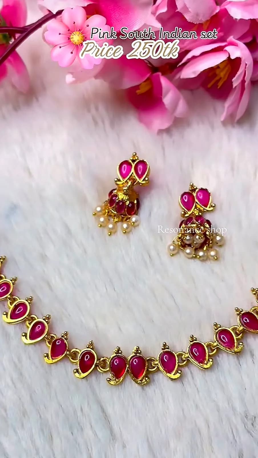 Pink South Indian Style Necklace & Jhumka Set