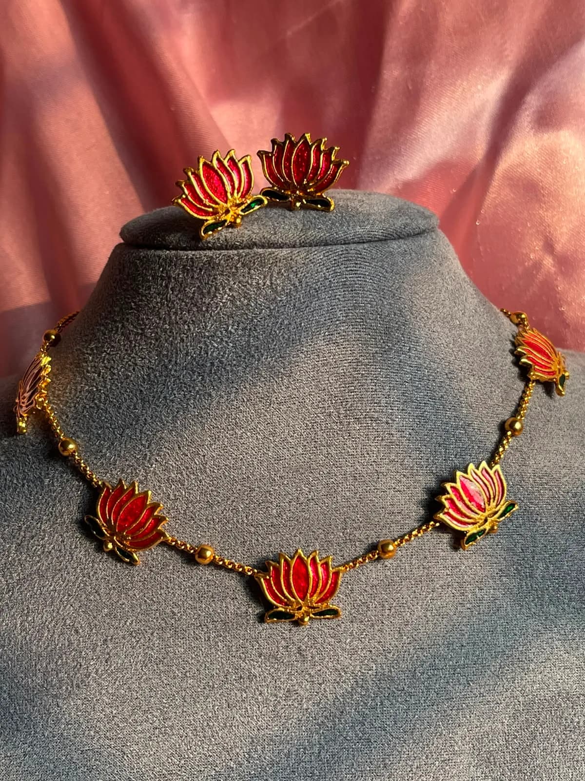 Elegant Meenakari Red Lotus Necklace & Earring Set